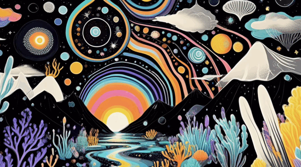 Neon coral-like shapes and cosmic ripples flowing in a black void, representing the birth of awareness.